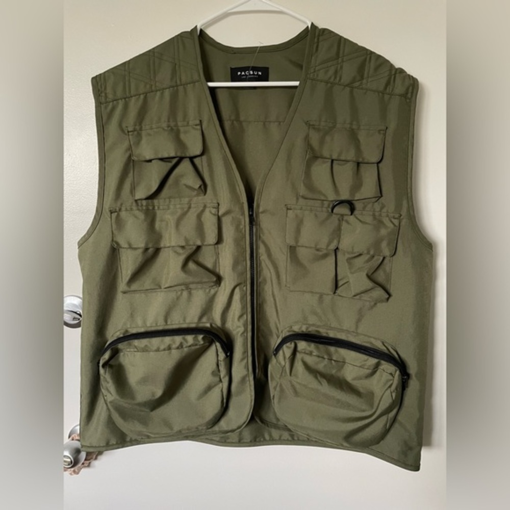PacSun Utility Nylon Vest‎ Military Green Multi-Pocket Size Large Unisex